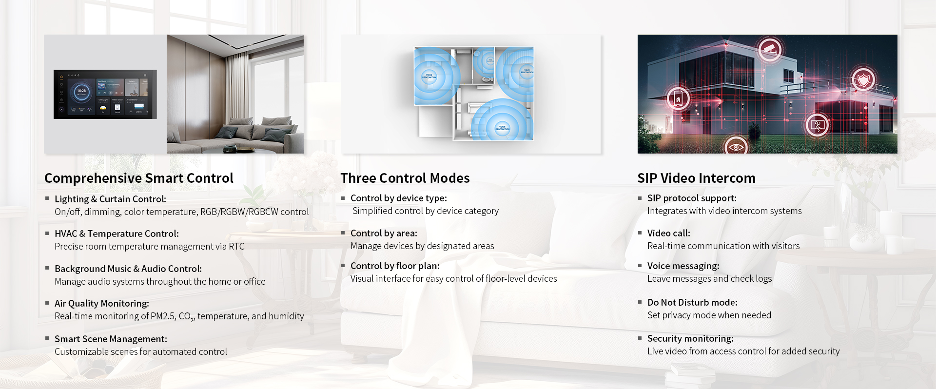 smart control panel with lighting, curtain, HVAC, and air quality control, offering seamless smart home management